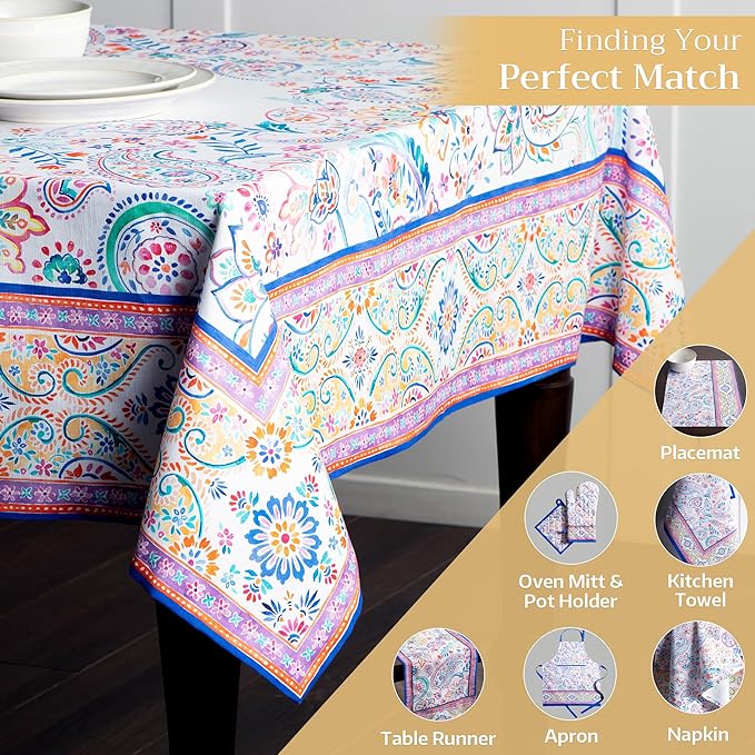 Maison d' Hermine Table Cloth Rectangle Table 100% Cotton 60 x 90 Inches Tablecloth Reusable Decorative for Dining Room, Farmhouse, Home, Party, Festive & Wedding Spring Summer - Indian Floral