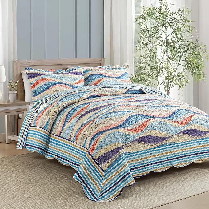 HoneiLife Oversized King Bedspreads 120x120 - Beach Quilt 3 Pieces, Coastal Quilt Sets, California King Quilt, Nautical Bedspreads Ocean Coverlets, Lightweight Bed Cover, Summer Quilts