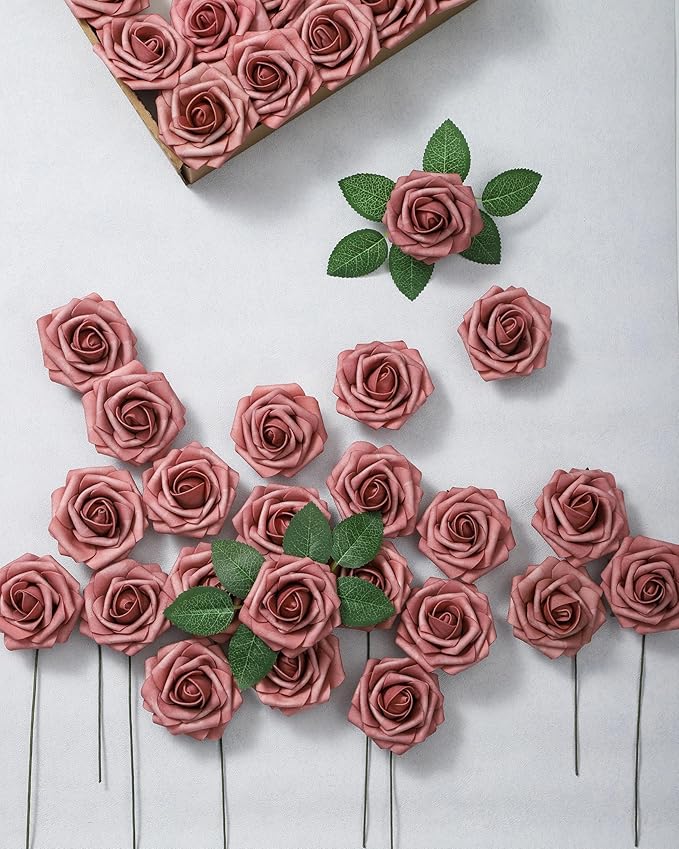 DuHouse 25Pcs Artificial Roses Flowers Fake Rose with Stems Real Touch Foam Flowers for DIY Wedding Bouquet Baby Shower Centerpiece Floral Arrangement Party Home Decor(Dusty Rose)