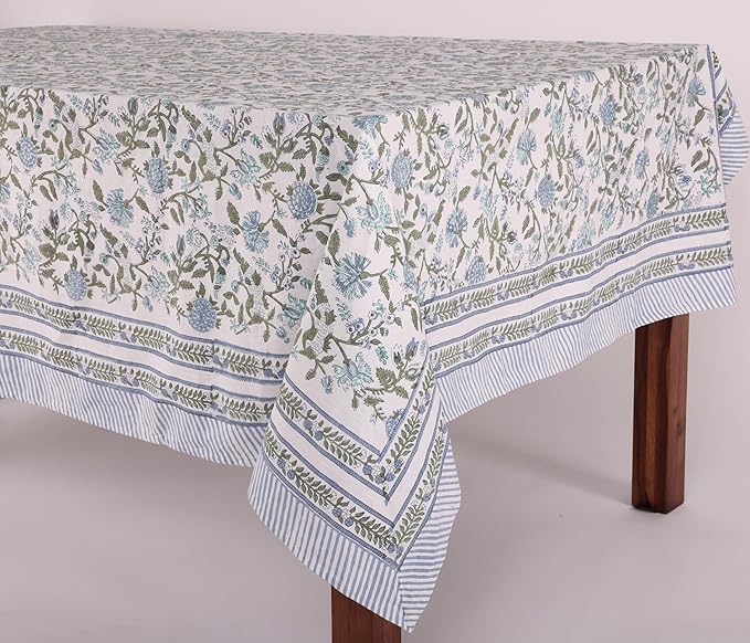 ATOSII Mahoka Blue 100% Cotton Fall Tablecloth, Handblock Floral Linen Table Cloth for Kitchen Dining Table I Parties Weddings Outdoors Easter Valentine's Gift I 60 X 90 Inches I 6 Seater
