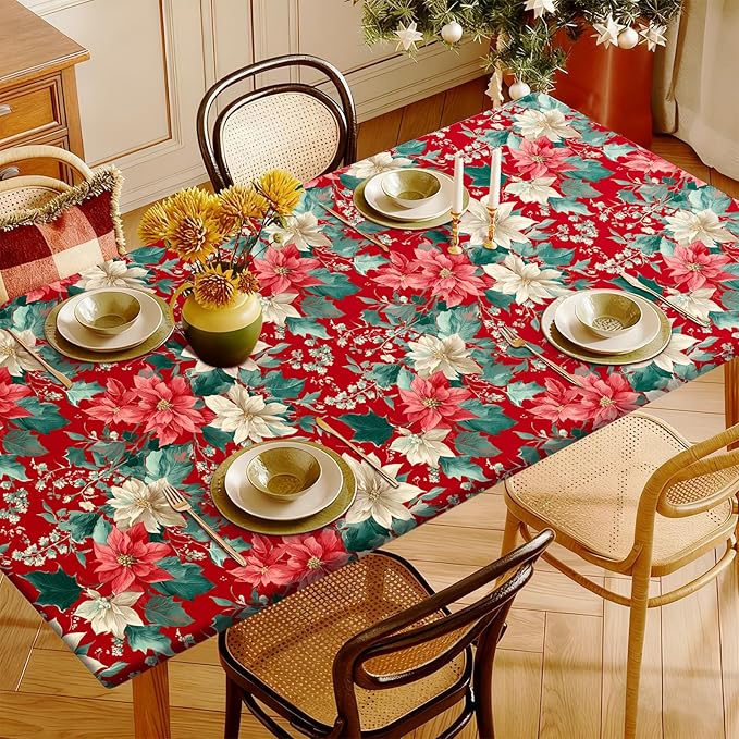 Rectangle Table Cloth Cover Waterproof Elastic Fitted Polyester Fitted Tablecloths for 4 Foot Tables for Indoor,Picnic, Camping, Outdoor （48" x 30"，Christmas Flowers）