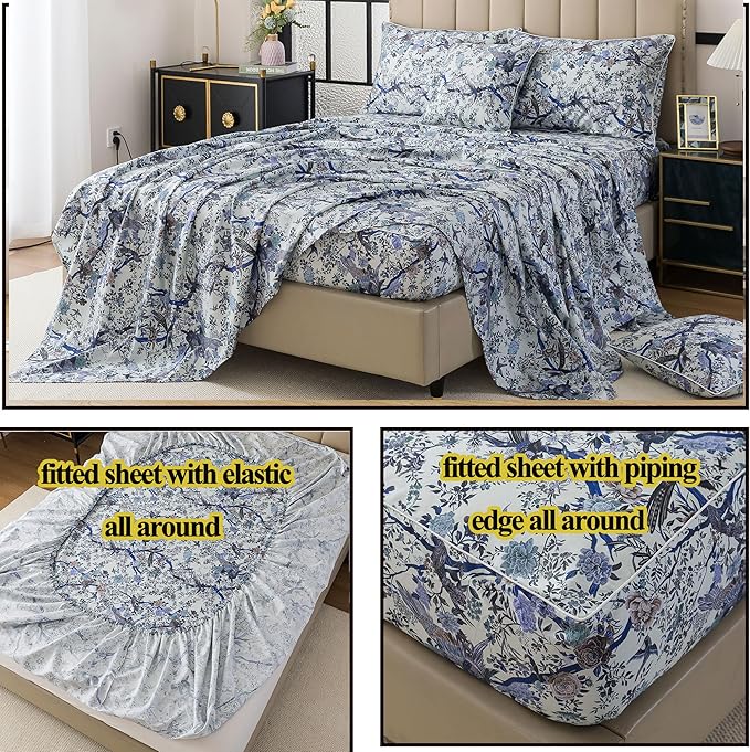 FADFAY Sheets Set Full Botanical Bird Floral Bed Sheets Set Vintage Blue Farmhouse Bedding Shabby Branches Bedding Collections 100% Egyptian Cotton Breathable Soft 17.7" Deep Pocket 4Pcs, Full Size