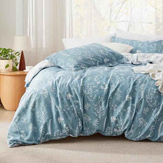 Bedsure Duvet Cover King Size - Reversible Mineral Blue King Duvet Cover Set with Zipper Closure, 3 Pieces Floral Patterned Bedding Set with 8 Corner Ties and 2 Pillow Shams