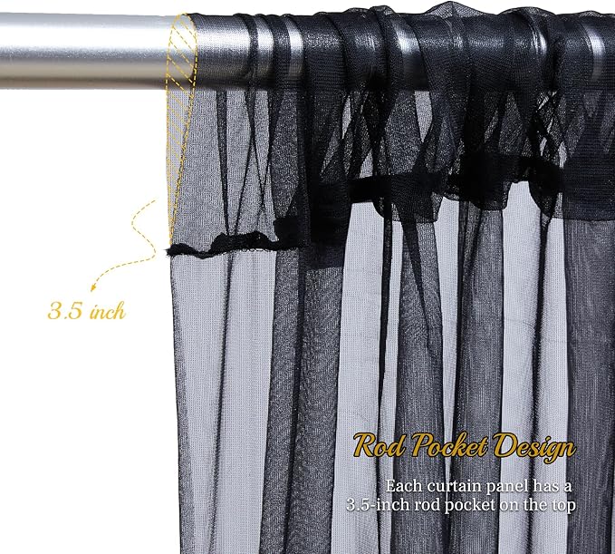 10x8ft Black Tulle Backdrop Curtain with Lights String for Parites, Sheer Backdrop Curtains for Wedding Baby Shower Birthday Party Photo Shoot Decorations