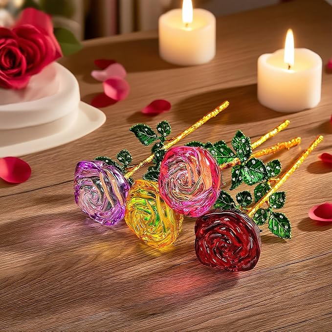 HDCRYSTALGIFTS 9.5'' Crystal Rose Flower Glass Pink and Rose Red Flower with Green Leaves for Wedding Anniversary/Wife, Romantic Forever Valentine's Gifts for Her (Pack of 2)
