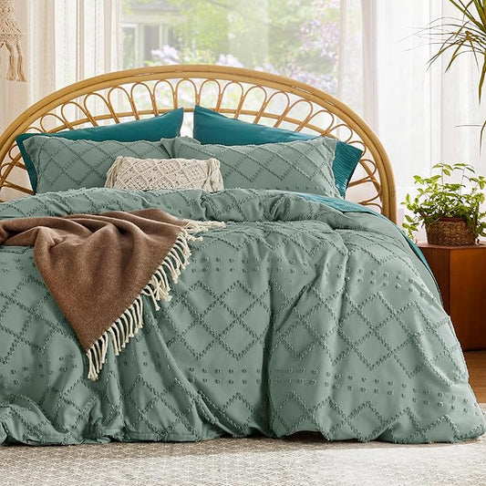 Bedsure Boho Duvet Cover King Size - Green Breathable & Soft Boho Bedding, Machine Washable Comforter Cover for All Seasons, Includes 1 Duvet Cover 104"x90" with 2 Pillow Shams & Zipper Closure