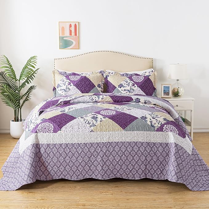 HoneiLife Queen Size Quilt Sets - 3 Pieces Queen Quilt Bedding Set Microfiber Quilt Set Lightweight Bedspreads Reversible Coverlets Retro Bed Cover Floral Bedding Set All Season Quilts-Beige & Purple