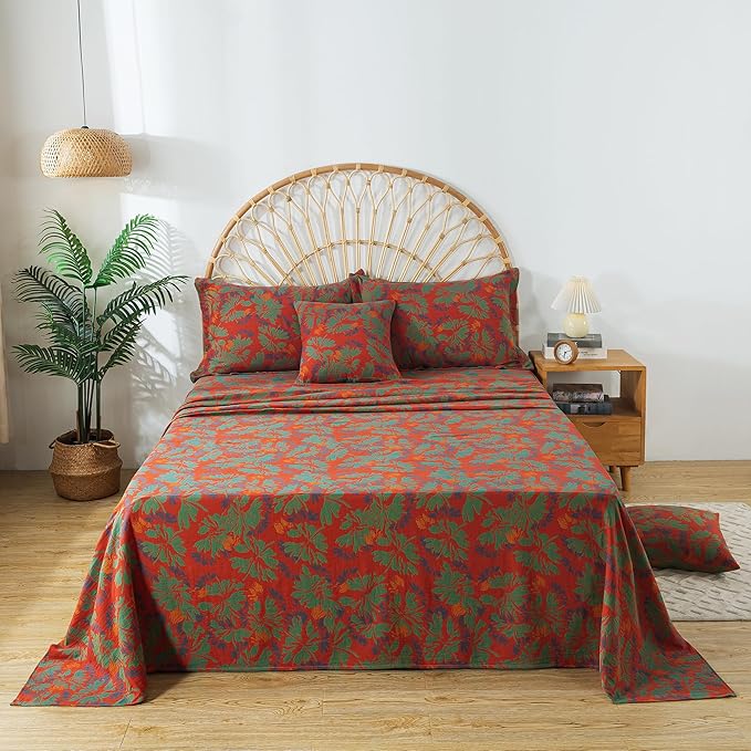 FADFAY Floral Sheets Set King Vintage Red Green Floral Bedding Shabby Maple Leaf Farmhouse Bedding Super Soft Washed Double -Layer Muslin Sheets 100% Cotton Deep Pocket Fitted Sheet 4Pcs, King Size
