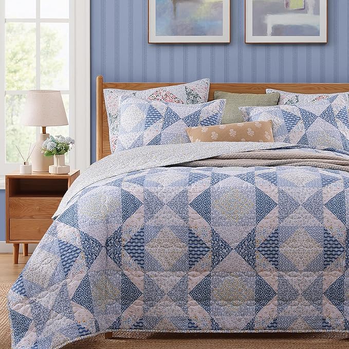 Quilt Set King Size, Patchwork Blue Marigold Floral Quilt Sets, Reversible Bedspread Lightweight and Breathable for All Seasons, Soft Quilted Bedspread with 2 Pillow Shams