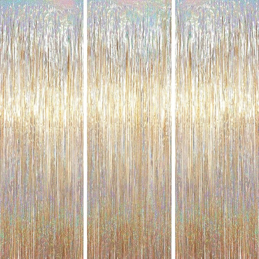 3 Pack 3.3 x 6.6 ft Champagne Foil Fringe Backdrop, Tinsel Streamers Party Decorations, Fringe Backdrop for Birthday, Photo Booth Props for Bachelorette, New Years Eve Party Supplies