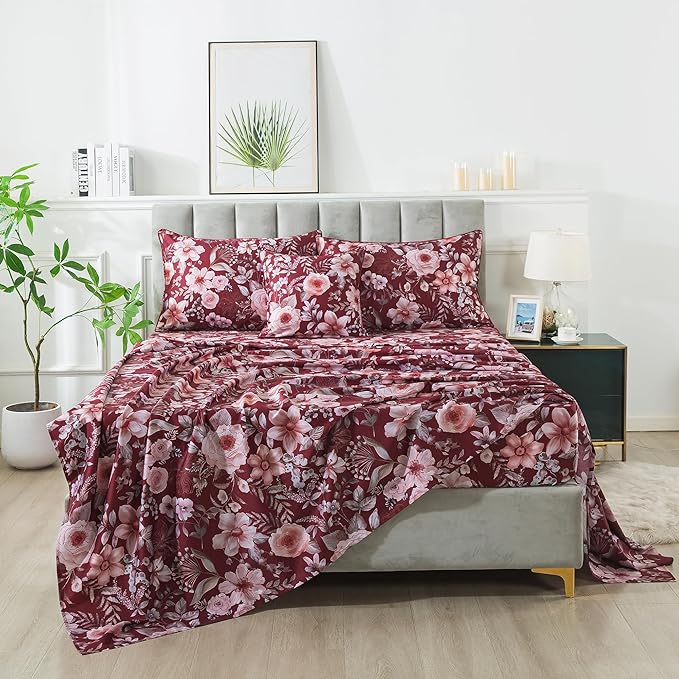 FADFAY Floral Sheets Set Queen Vintage Red Floral Bedding Shabby Pink Rose Elegant Peony Sheets Farmhouse Bedding 800 Thread Count 100% Egyptian Cotton Soft Deep Pocket Fitted Sheet 4Pcs, Queen Size
