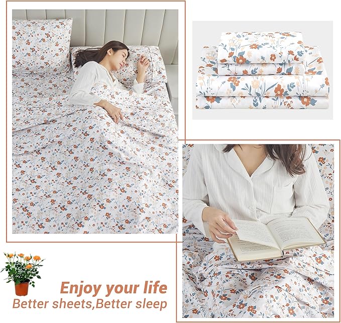 Softan Floral Twin Size Sheet Set, Orange Flower Printed Bed Sheets for Girls, 3-Piece Microfiber Single Fitted Sheet with 15" Deep Pocket & Non-Slip Straps, Patterned Bedding Sheets & Pillowcase Set