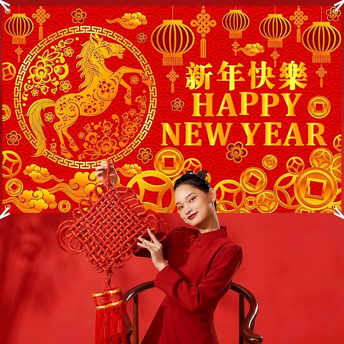 Chinese New Year Party Backdrop Happy 2026 Chinese New Year Party Background Decorations Lunar Year of The Horse Theme Photography Backdrop for 2026 Spring Festival Party Supplies