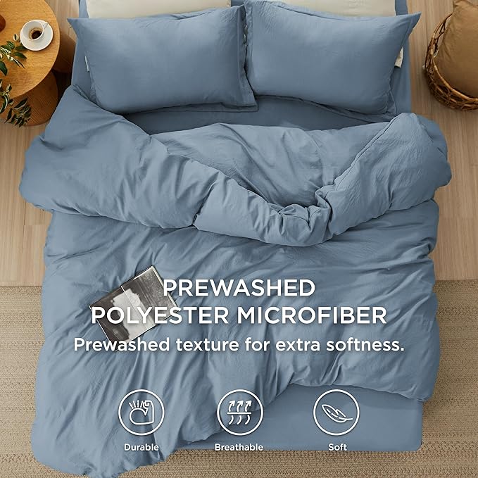 Bedsure Duvet Cover Queen Size with Fitted Sheet - 4 Pieces Prewashed Cotton-Like Extra Soft Bedding Set, Includes 1 Duvet Cover 90x90 Inches, 2 Pillow Shams, 1 Fitted Sheet, Mineral Blue