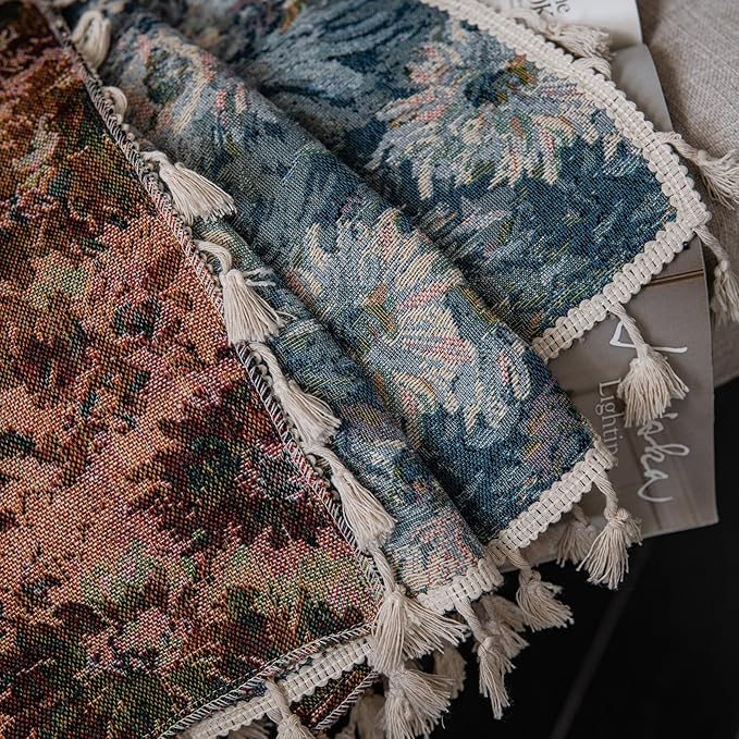 ENJOYBRIDAL Blue Floral Curtains 96 Inch Length 2 Panels Farmhouse Semi Sheer Drapes for Living Room Bohemian Rustic Rod Pocket Window Curtain Panels with Tassel Jacquard Bedroom Window Treatments