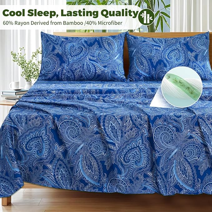 Bedlifes Full Floral 4-Piece Sheet Set - Cooling Sheets Blend Rayon Derived from Bamboo,Soft & Breathable, Deep Pocket 16", Wrinkle Resistant - Paisley Dark Navy Blue