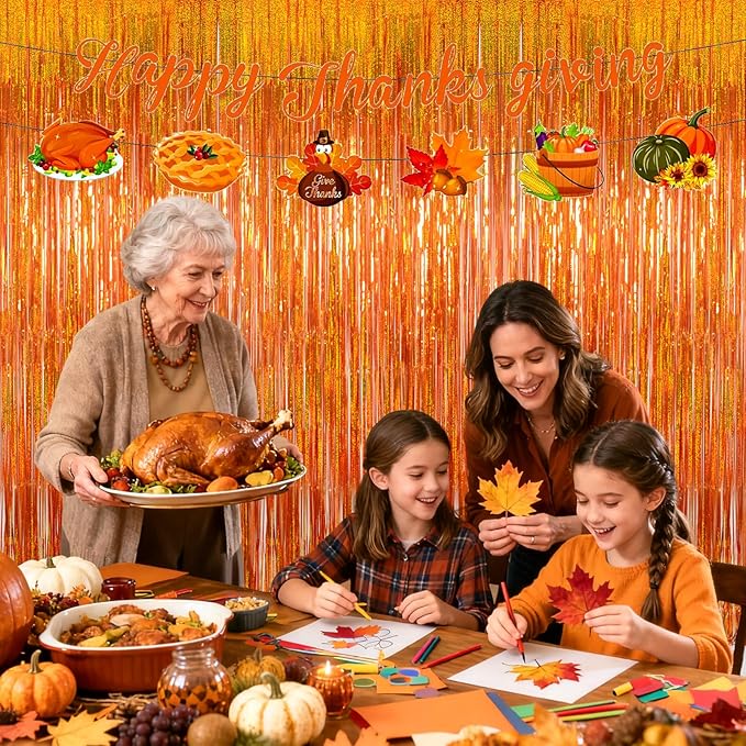 Melsan Orange Tinsel Backdrop Curtains, 3.2ft x 8.2ft Sparkle Metallic Foil Fringe Curtain for Basketball Thanksgiving Halloween Birthday Party Decorations, 2 Packs