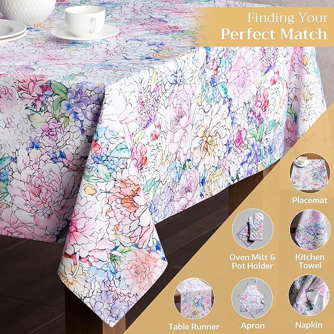 Maison d' Hermine Table Cloth Square Table 100% Cotton 60 x 60 Inches Tablecloth Reusable Decorative Everyday Use for Dining Room, Farmhouse, Home, Party, Festive & Wedding Spring Summer - Floral Love