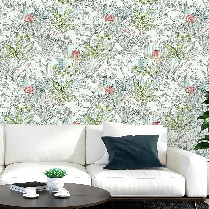 Wudnaye Boho Peel and Stick Wallpaper Catus Wallpaper 17.7" x 393.6"Vintage Floral Wallpapers Peel and Stick Botanical Removable Wall Paper Boho Self Adhesive Contact Paper for Bathroom Cabinets