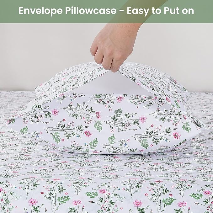 Softan Vintage Queen Bed Sheets, Cozy Microfiber Flower Printed Sheets with 15" Deep Pocket Fitted Sheet & Non-Slip Straps, Patterned Botanical Wildflower Sheets & Pillowcase Set