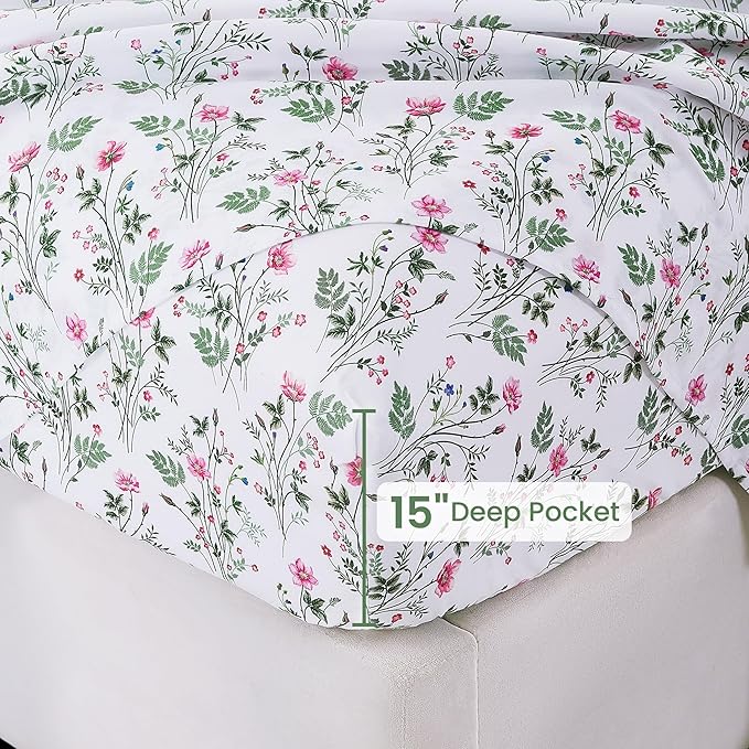 Softan Vintage Floral Full Bed Sheets, Cozy Microfiber Flower Printed Sheets with 15" Deep Pocket Fitted Sheet & Non-Slip Straps, Patterned Botanical Wildflower Sheets & Pillowcase Set