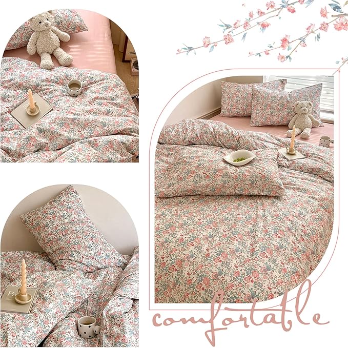 Boho Floral Duvet Cover Queen Soft Cotton Aesthetic Floral Bedding Sets French Style Pink Blue Flower Branches Duvet Cover Chic Shabby Garden Floral Comforter Cover Botanical Queen Size Bedding Sets