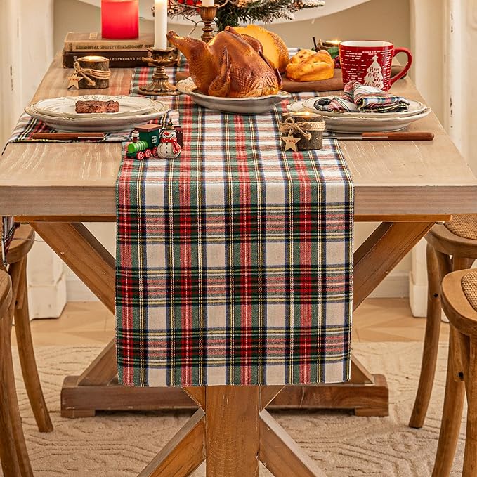 Red White Plaid Christmas Table Runner, Winter Holiday Table Runners 36 inches Long, Xmas Decorations Indoor Outdoor Farmhouse Home Kitchen Dining Party Decor