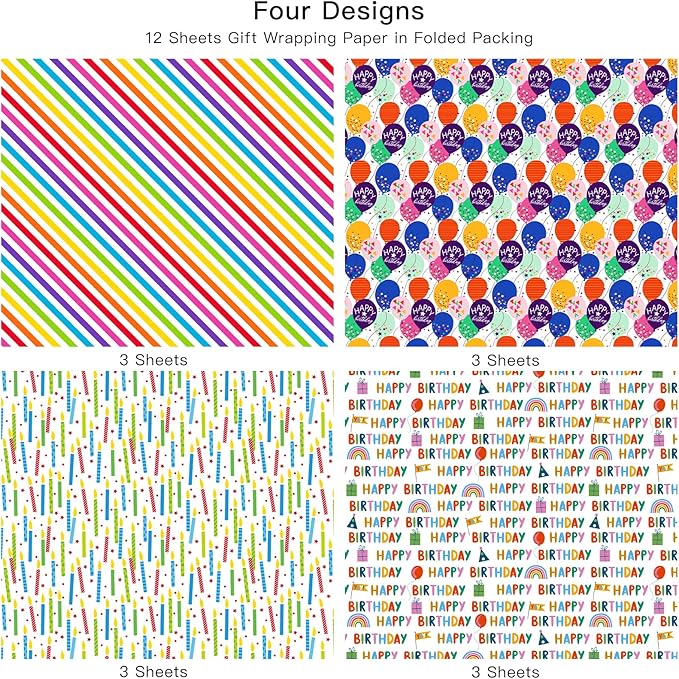 WRAPAHOLIC Birthday Wrapping Paper Sheet - 12 Sheets Folded Flat with 12 Gift Tags for Party, Baby Shower - 19.7 Inch X 27.5 Inch Per Sheet