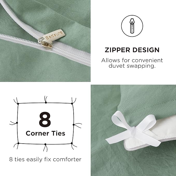 Bedsure Duvet Cover Full Size with Fitted Sheet - 4 Pieces Prewashed Cotton-Like Extra Soft Bedding Set, Includes 1 Duvet Cover 80x90 Inches, 2 Pillow Shams, 1 Fitted Sheet, Sage Green