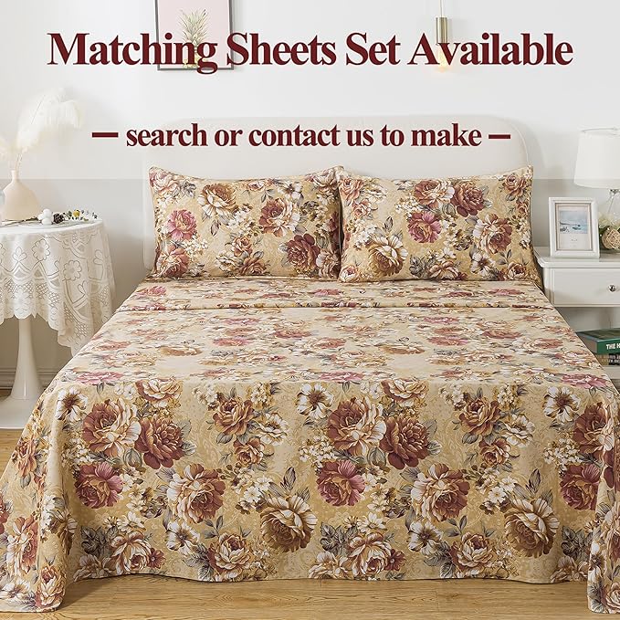 FADFAY College Duvet Cover Set Twin XL Vintage Tan Peony Floral Bedding Classic Shabby Dorm Room Comforter Cover Set 100% Cotton Soft Quilt Cover with Hidden Zipper Closure 3 Pieces, Twin XL Size