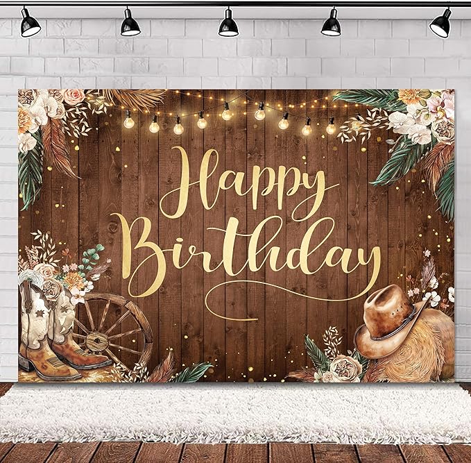 SVBright Western Cowgirl Birthday Backdrop 5Wx3H West Rustic Wooden Boho Pampas Grass Country Wild Flower Retro Boots Hat Farmhouse Floral Decorations Photography Background Banner Photo Booth Studio