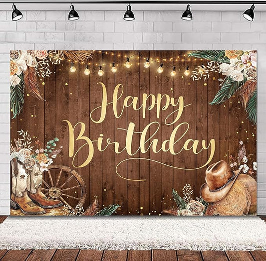 SVBright Western Cowgirl Birthday Backdrop 5Wx3H West Rustic Wooden Boho Pampas Grass Country Wild Flower Retro Boots Hat Farmhouse Floral Decorations Photography Background Banner Photo Booth Studio