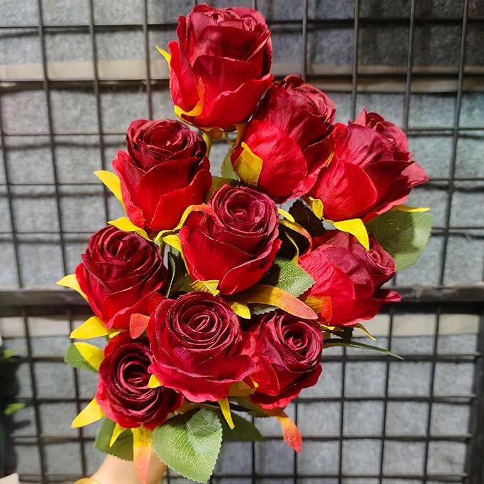 Artificial Roses 10 Pcs - Lifelike Single Stem Fake Roses with Natural Petal Texture,Fade-Resistant Silk Flowers for Wedding Decor,Home Vase Arrangements,Party Centerpieces(10, Red)