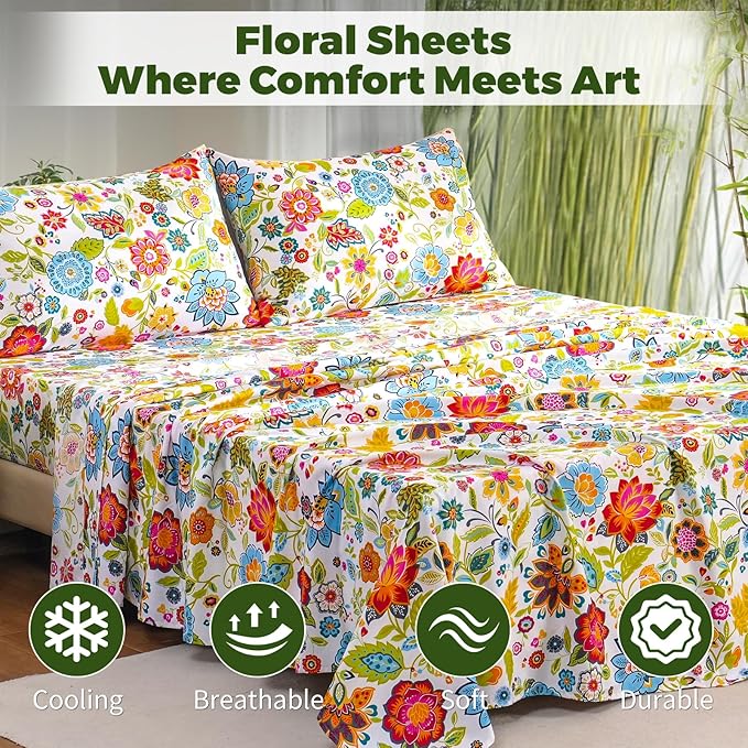 Bedlifes California King Floral 4-Piece Sheet Set - Cooling Sheets Blend Rayon Derived from Bamboo,Soft & Breathable, Deep Pocket 16", Wrinkle Resistant - Vibrant Boho Floral Spring Design
