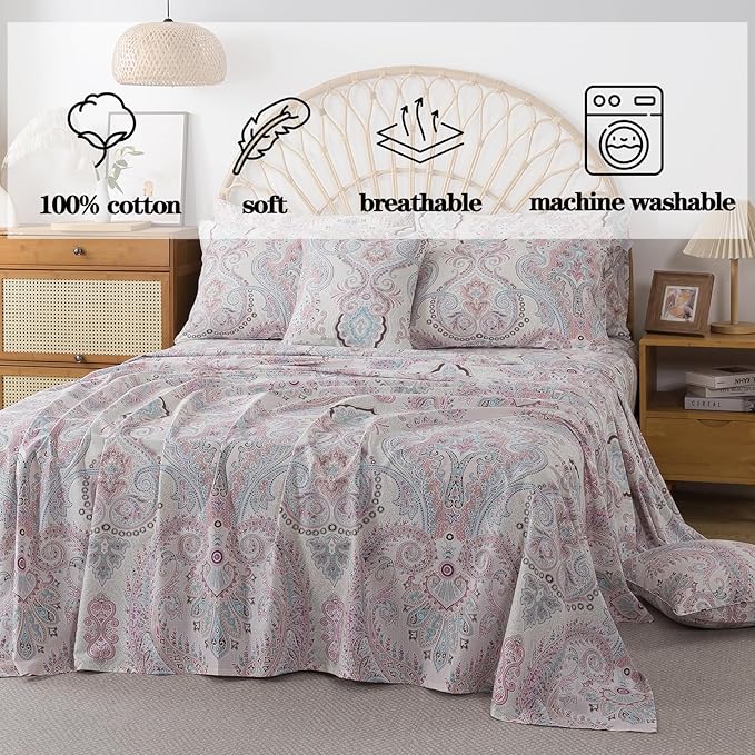 FADFAY 100% Cotton Paisley Damask Twin XL Bed Sheet Set, 4-Piece Soft Breathable Vintage Bedding with Deep Pocket Fitted Sheet, Flat Sheet and Pillowcases, All Season Cotton Sheets