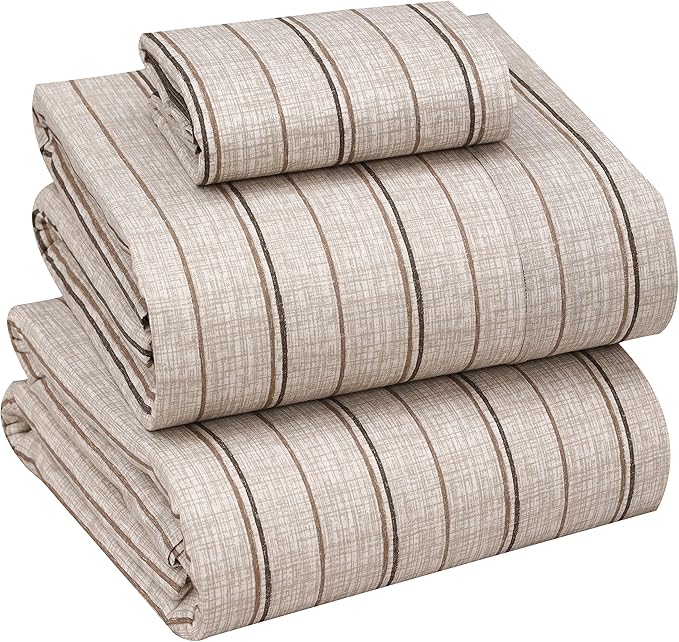RUVANTI 100% Cotton Twin XL Sheet Sets, 3 Pieces, Soft & Breathable Percale Weave Bedding, Deep Pocket 16", Hotel Standard, Crisp Cool Feel, Durable, Perfect Size Striped Sheets, Brown Stripes