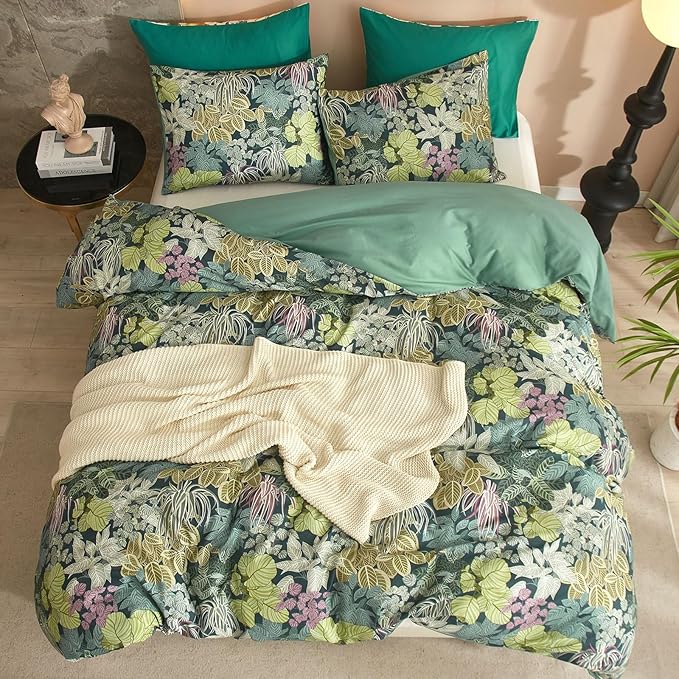 EAVD Tropical Leaves Duvet Cover Twin Soft Cotton Chic Plant Green Leaf Pattern Bedding Set with 2 Pillowcases Fresh Botanical Leaves Comforter Cover with Zipper Closure