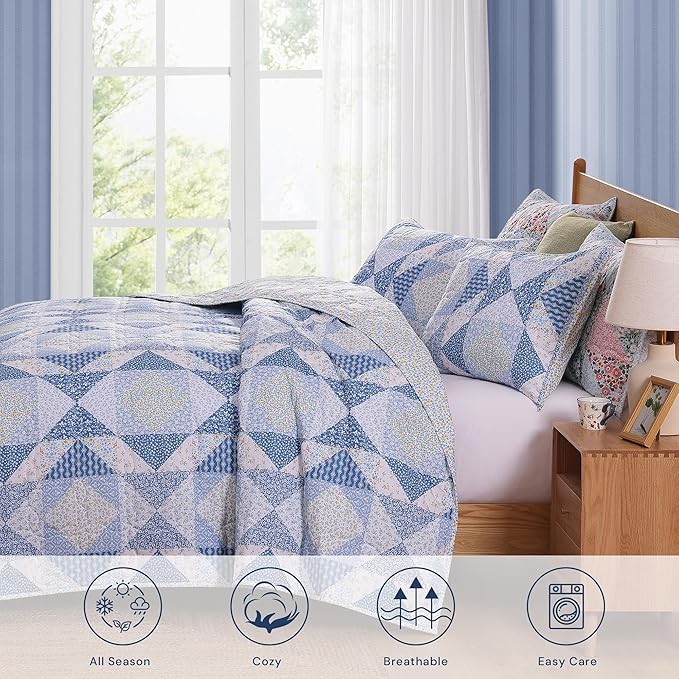 Quilt Set King Size, Patchwork Blue Marigold Floral Quilt Sets, Reversible Bedspread Lightweight and Breathable for All Seasons, Soft Quilted Bedspread with 2 Pillow Shams
