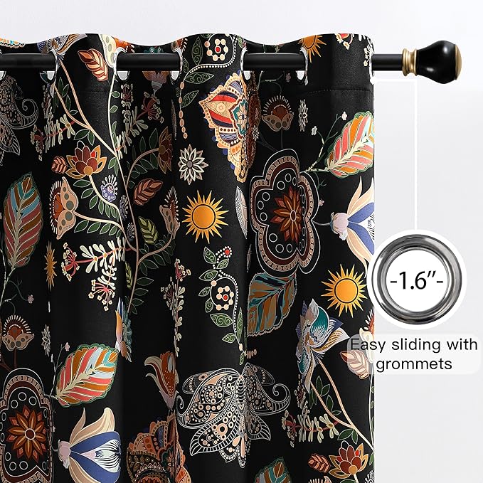 XiDi Dark Black Floral Blackout Curtains 96 Inches Long for Living Dining Room 2 Panels Patterned Curtains Decorative Thermal Insulated Luxury Vintage Flower Botanical Printed Grommet Drapes 52x96