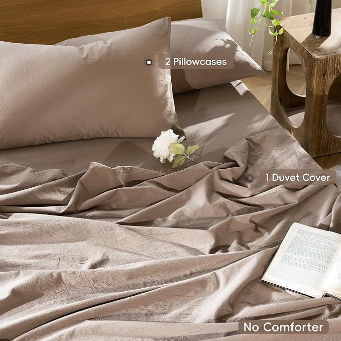 MooMee Bedding Duvet Cover Set 100% Washed Cotton Linen Like Textured Breathable Durable Soft Comfy (Solid Brown, Queen 90"x90")