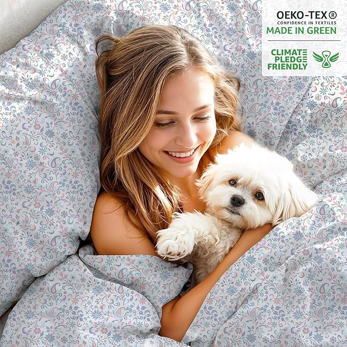 RUVANTI 100% Organic Cotton Sheets Full Size, Percale Weave, GOTS Certified, 4-Piece Set, Deep Pocket 15", Crisp & Breathable, Soft Durable Bedding, Sábanas Algodón Orgánico – Multi Paisley