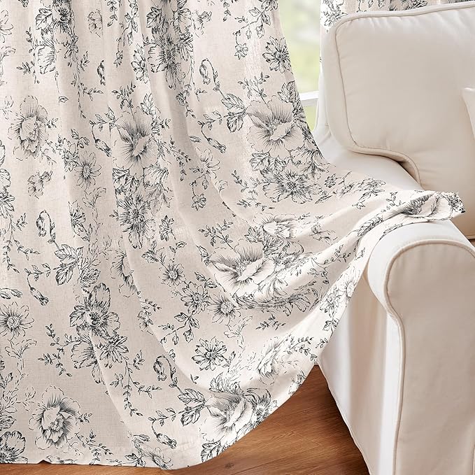 jinchan Linen Blend Curtain Floral Curtains for Living Room 96 Inch Length Black Printed Curtain Back Tab Farmhouse Peony Flower Patterned Drapes Bedroom Window Curtains Set 2 Panels