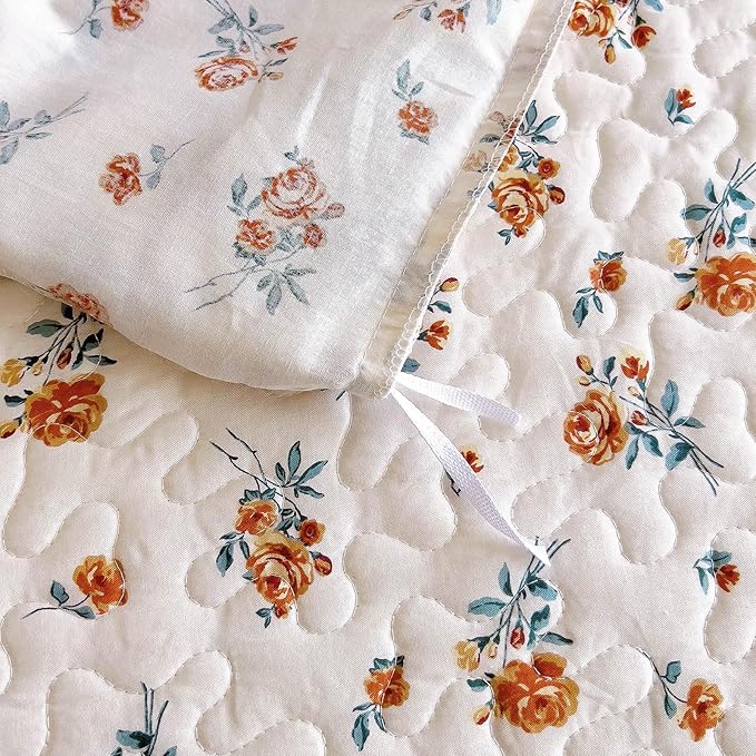 EAVD Cute Garden Floral Duvet Cover with Ruffles Soft Cotton Chic French Romantic Floral Bedding Set with 2 Pillowcases Reversible Botanical Print Duvet Cover with Zipper Closure