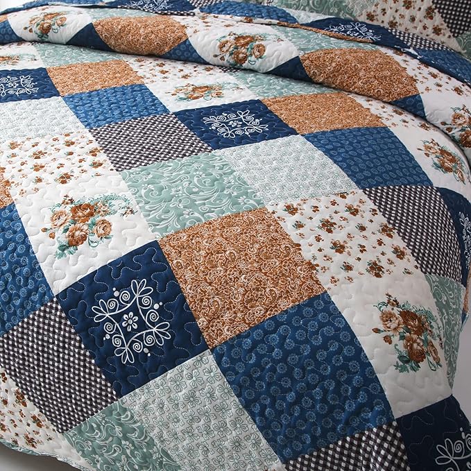 Dinjoy Reversible Patchwork Quilt Bedding Set Queen Size Blue Green Grey Plaid Floral Pattern Bedspread Set Soft Microfiber Coverlets Bed Set 3 Pieces Fall Autumn All Season Use