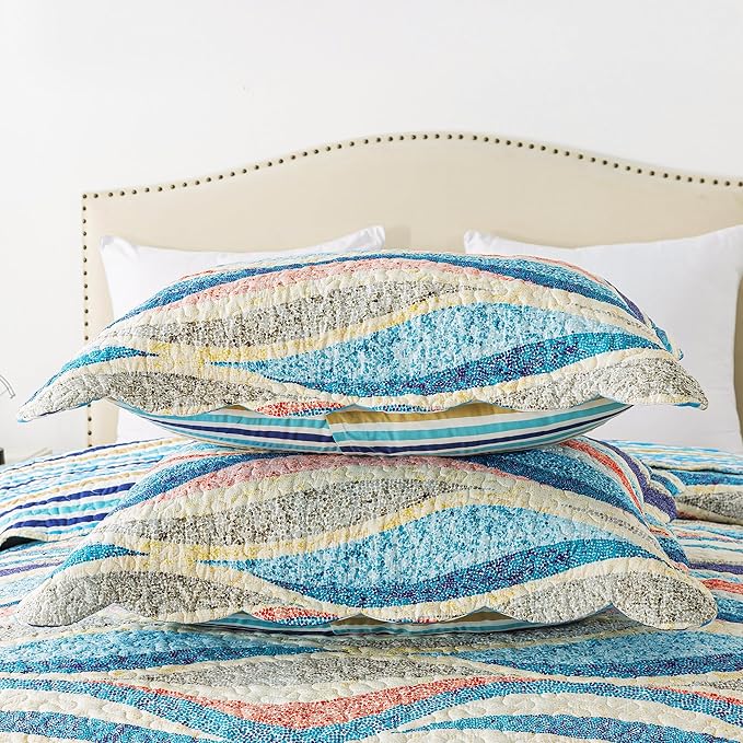 HoneiLife King Quilt Bedding Set - 3 Pieces Beach Quilt Sets Coastal Bedspreads Ocean Coverlets Microfiber Bed Cover All Season Quilts