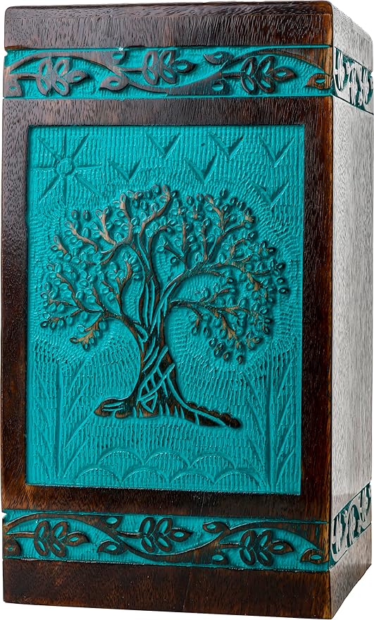 INTAJ Wooden Cremation Urns for Human Ashes - 115 lbs, Handcarved Tree of Life Design, Suitable for Men, Women, Mom, Dad - TSA Approved, Decorative Memorial Urn Box, Green