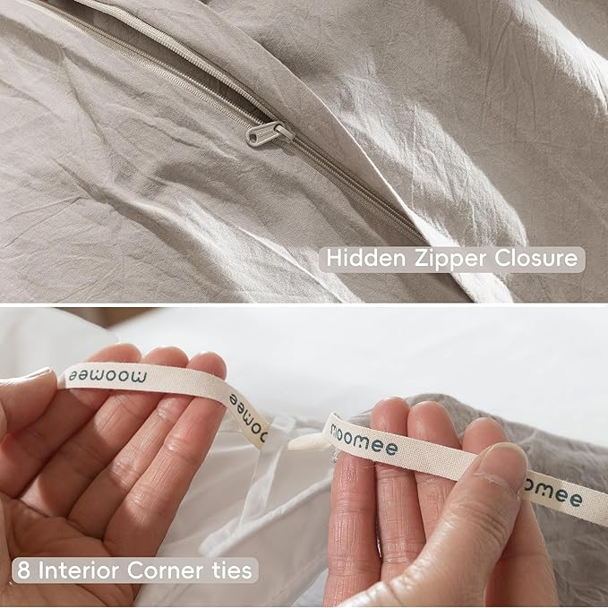 MooMee Bedding Duvet Cover Set 100% Washed Cotton Linen Like Textured Breathable Durable Soft Comfy (Solid Light Tan, Super Queen 90"x98")