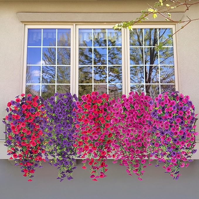 Artificial Hanging Flowers for Outdoor, 2pcs Fake Plants Long Vine Morning Glory Eucalyptus, UV Resistant Realistic Faux Greenery Indoor Outside Patio Porch Garden Spring Summer Decor, Purple