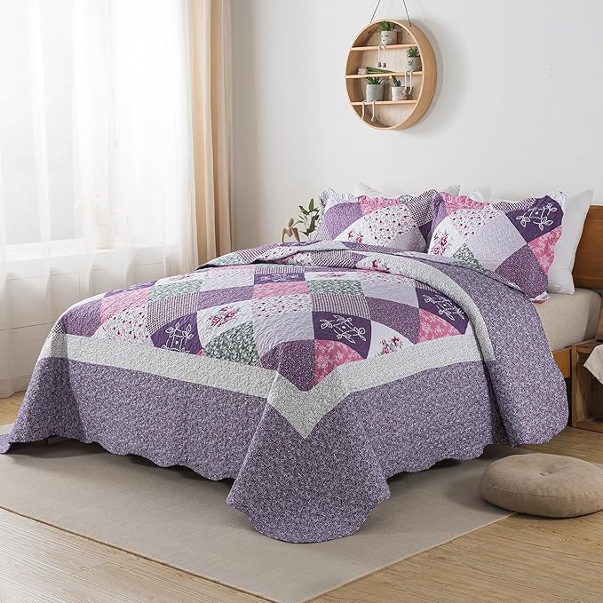 HoneiLife Queen Quilt Bedding Set - 3 Pieces Microfiber Quilt Sets Lightweight Bedspreads Reversible Coverlets Retro Bed Cover Floral Bedding Set All Season Quilts-Purple