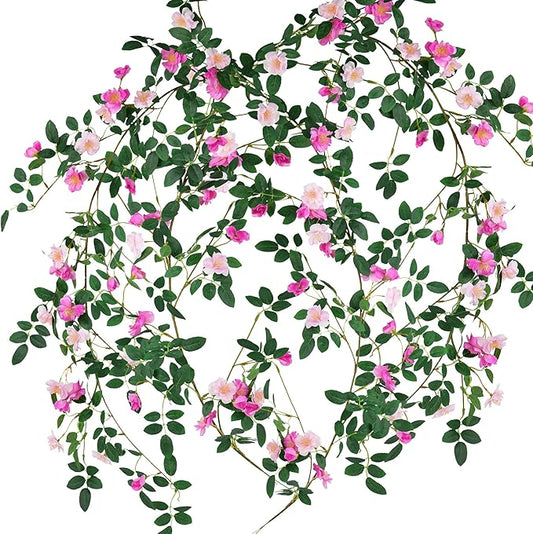 FiveSeasonStuff Fuchsia Pink Flower Garlands, Artificial Silk Wild Roses Bendable Vine Leaves Hanging Flowers for Wall Decoration Basket Trellis Wedding Home 2 Pack 12 ft
